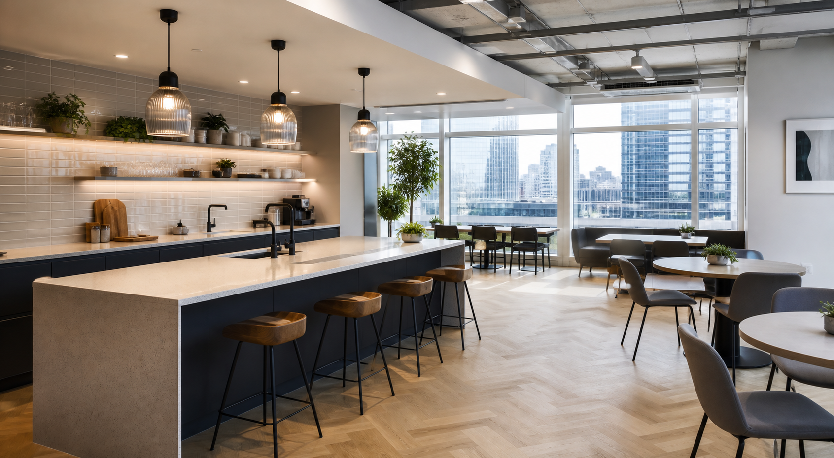 Illustrative London workplace kitchen and breakout area prepared for use