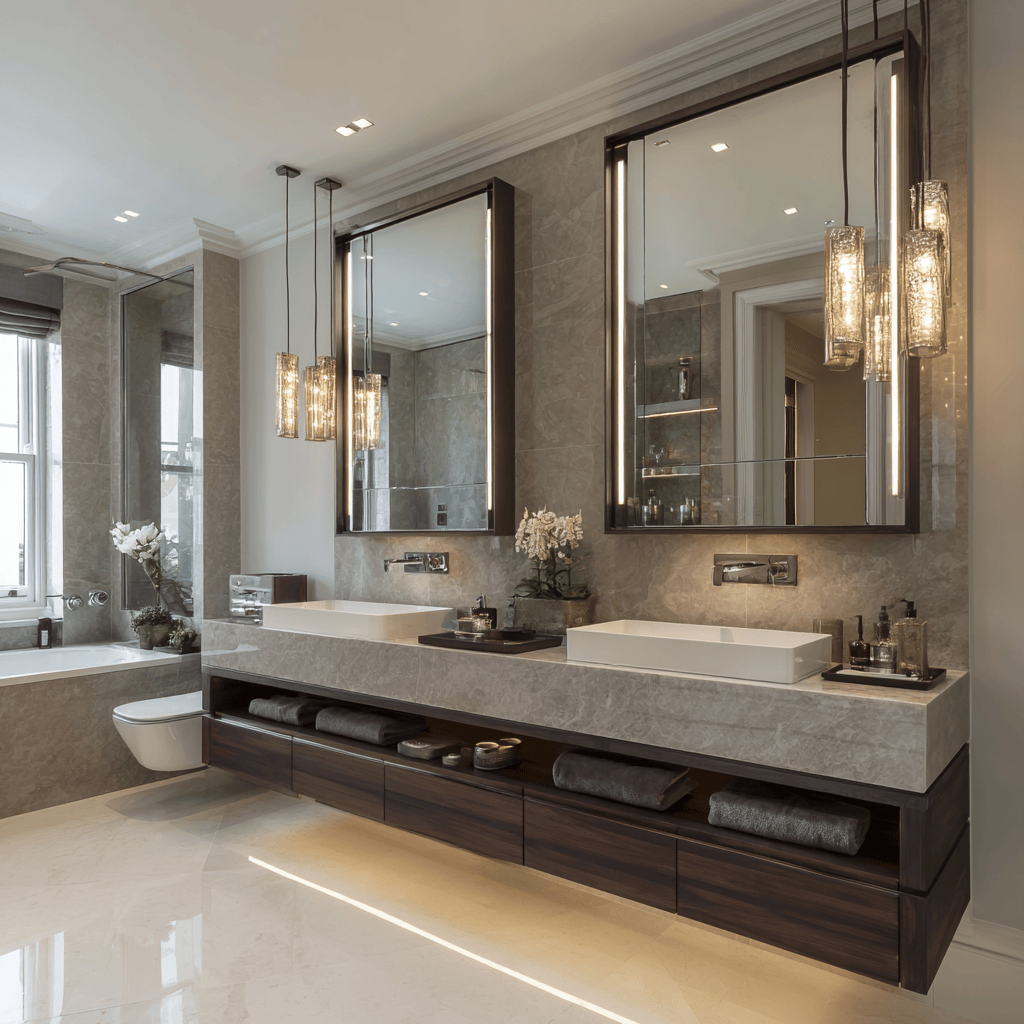 Luxury bathroom vanity with spotless mirror and fixtures